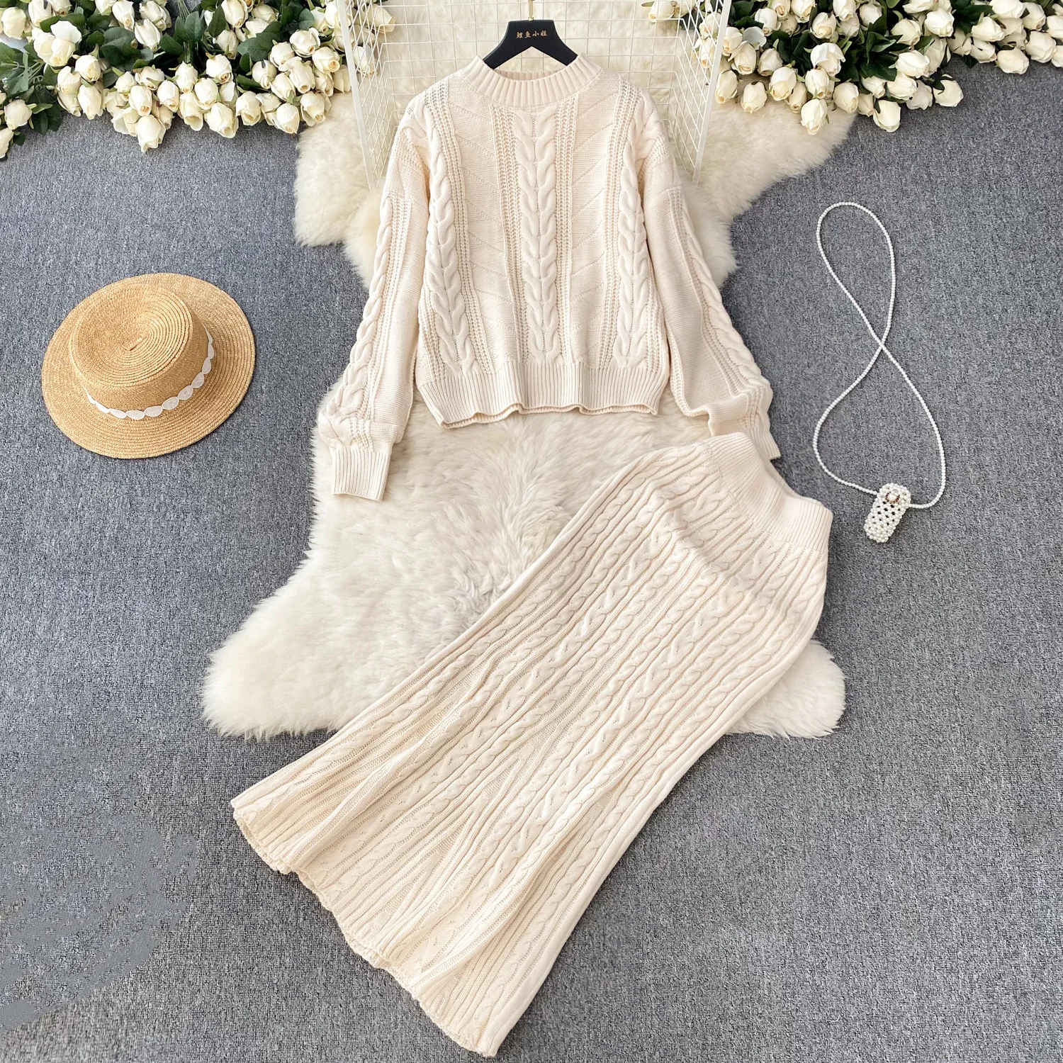 

Autumn Winter High Quality Two Piece Skirt Dress Set Luxury Simple Loose knit Sweater+Medium Length Skirt Suit