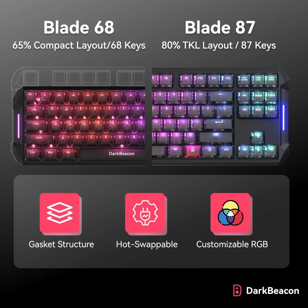 다크비콘 65% 80% 레이아웃 저소음 기계식 컴퓨터 키보드 68키 87키 컴팩트 유선 USB 키보드 PC 게임용 업무용