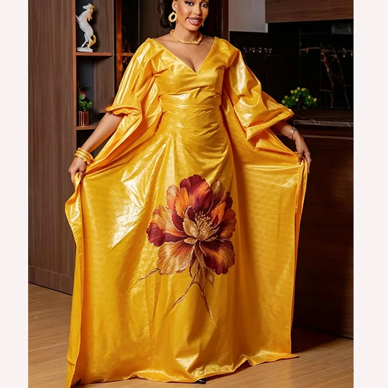 Luxury Handmade Bazin Gown for Women - New In Dresses, Perfect African Dress for Parties and Dates, Includes Headscarf Robe