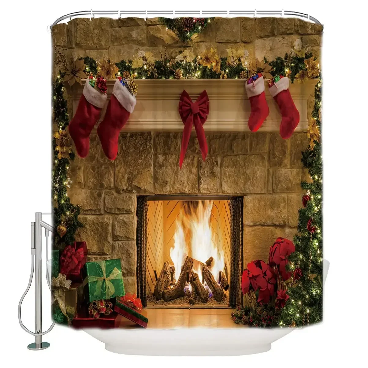 Christmas Eve Fireplace Xmas Socks Gifts Durable Waterproof Polyester Fabric Curtains