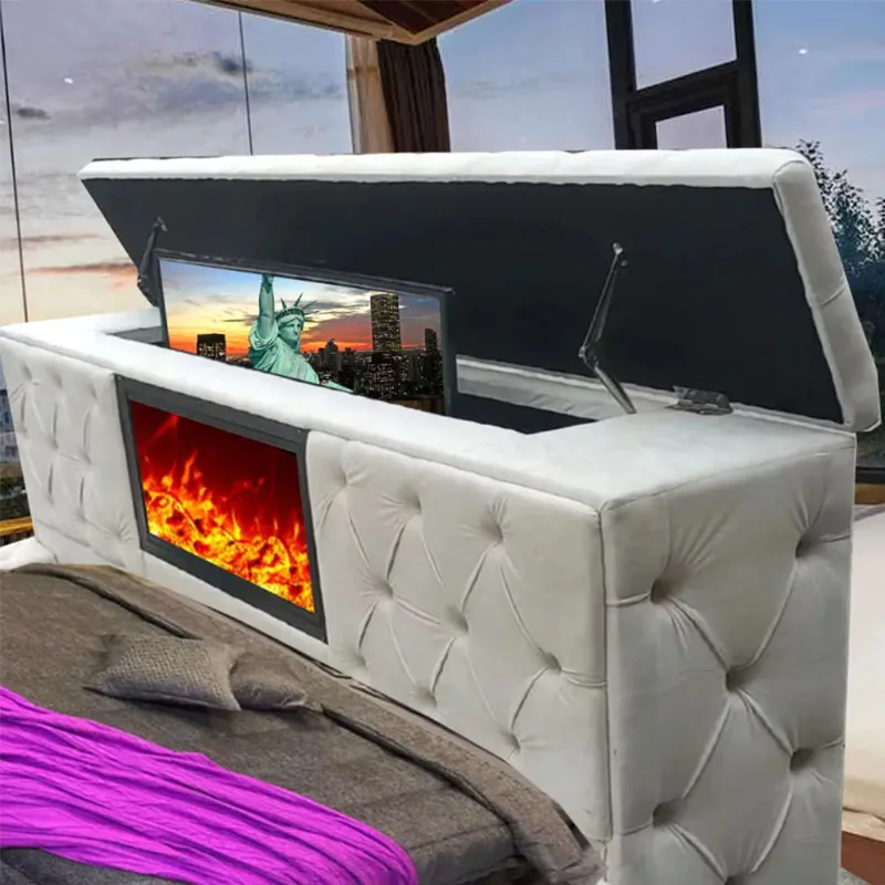 سرير خشبي من القماش المخملي المزدوج بحجم كينج كوين الحديث مع مدفأة مع مدفأة مع مصعد تلفزيون