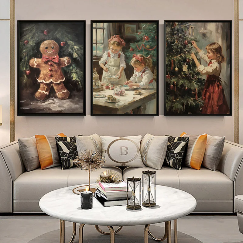 Vintage Christmas Gingerbread Man Wall Art Poster Nordic Winter Snow Scene Canvas Painting Modern Living Room Holiday Home Deco