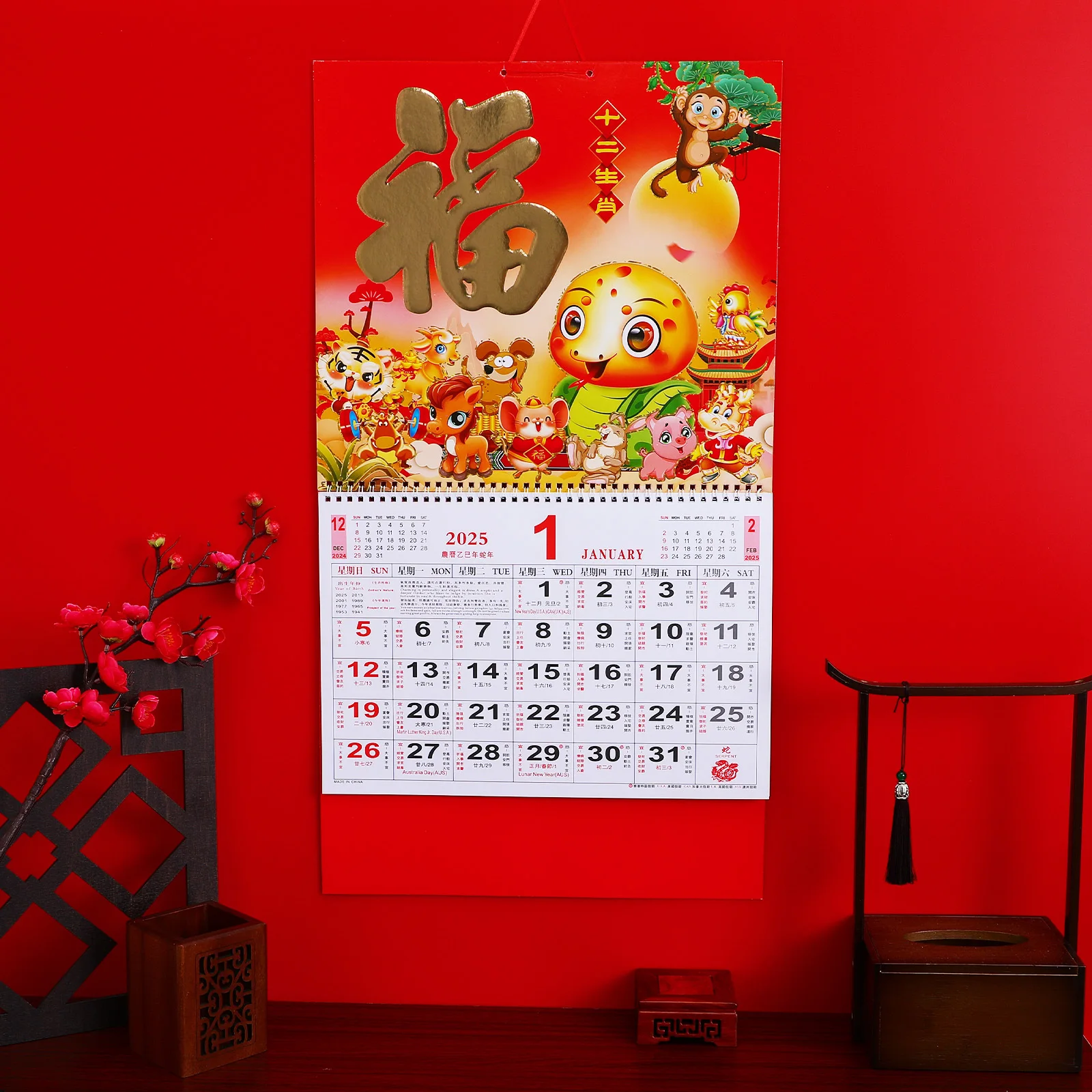 

2025 Year of The Snake Hanging Calendar Traditional Chinese Lunar Wall Calendar Home Office Snake Year Decoration Planner