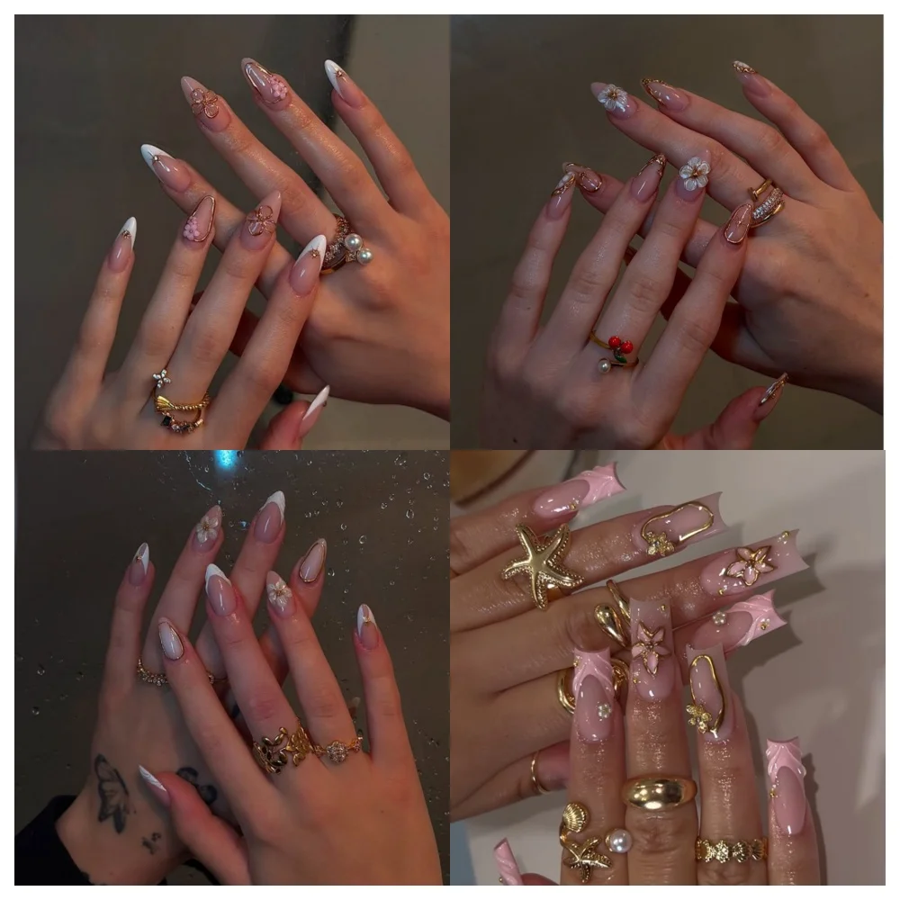 Presse d'hiver sur les ongles, fait à la main, amande et carrés, peinture française, Design Floral 3D, réutilisable, Kit de 10 pièces pour femmes