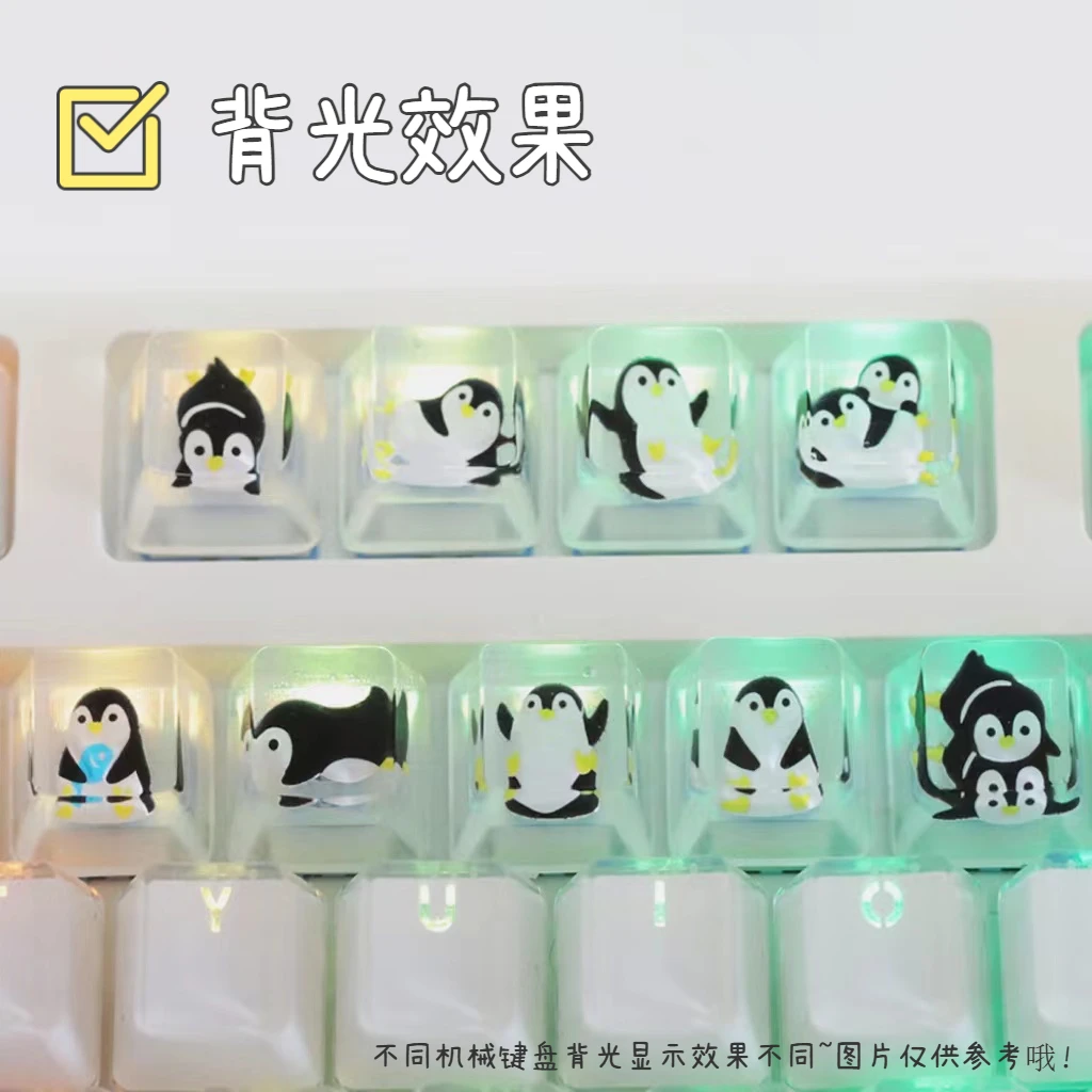Cute Translucent Keycaps Penguin Pattern Theme Cross Switch Mechanical 3D Resin Artisan Keyboard Keycap Creative Gift for Friend