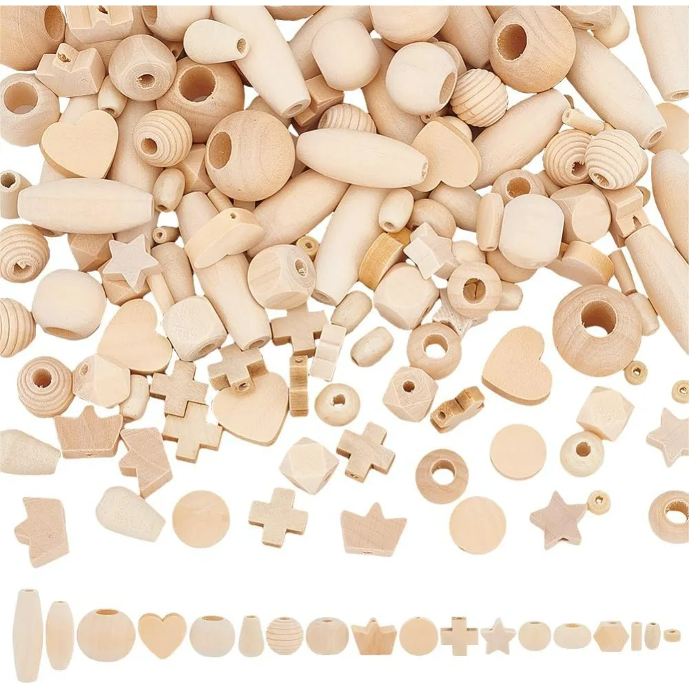 180Pcs Unfinished Natural Wooden Beads 18 Style Undyed Wood Beads Round Oval Tube Heart Wood Beads for Crafts Assorted Wooden