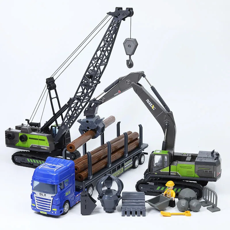 Hot 1:50 plastic engineering vehicle excavator model,new crusher wood grabber toy,flatbed transporter toy,free shipping