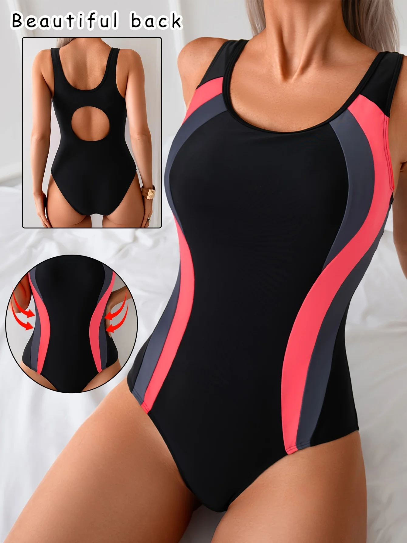Color Block One-Piece Swimsuit - High-Stretch, Slim Fit Fashionable Hollow Design for Sports & Competitive Swimming,