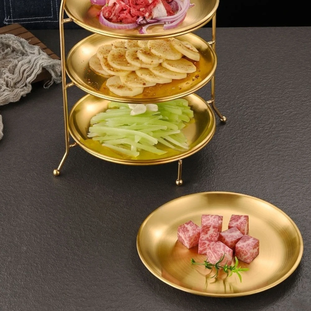 3-tier Storage Tray Rack Holder Food Serving Riser Stainless Steel Round Tray Rack BBQ Hot Pot Serving Dessert Display Stand