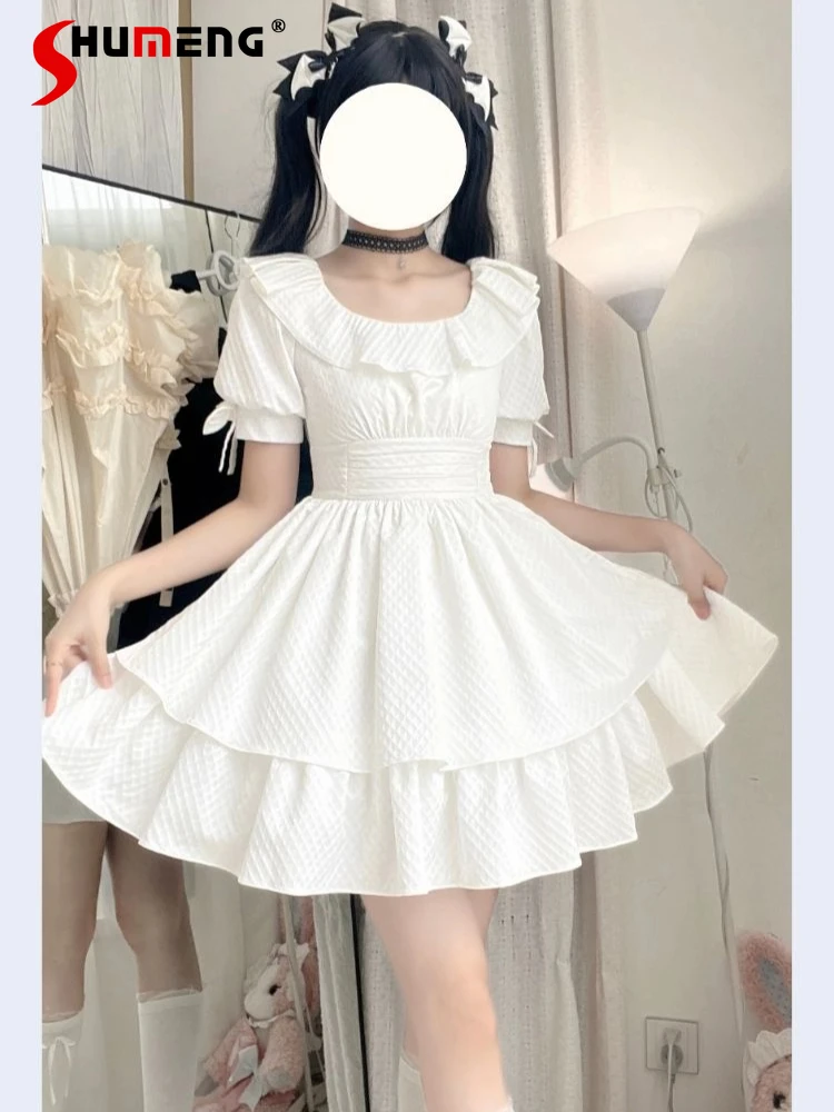 

Elegant Temperament CLA Dresses Summer Round Neck Bow Puff Sleeve High Waist Slim A-line Daily Lolita Black Short Dress Women
