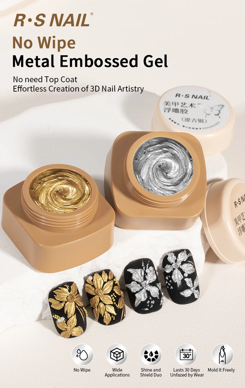 RSNAIL 3D Metall-Prägegel Ohne Abwischen Modellier-Gel Ohne Überlack Gold Silber Textur-Gel für Nagelkunst-Dekoration 5g – Detail 1