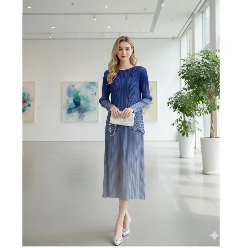 

Miyake Pleated Dress Suit 2026 Slim New Fashion Gradient Color Dress Cardigan Two-piece Female Commuter Temperament Fashion Suit
