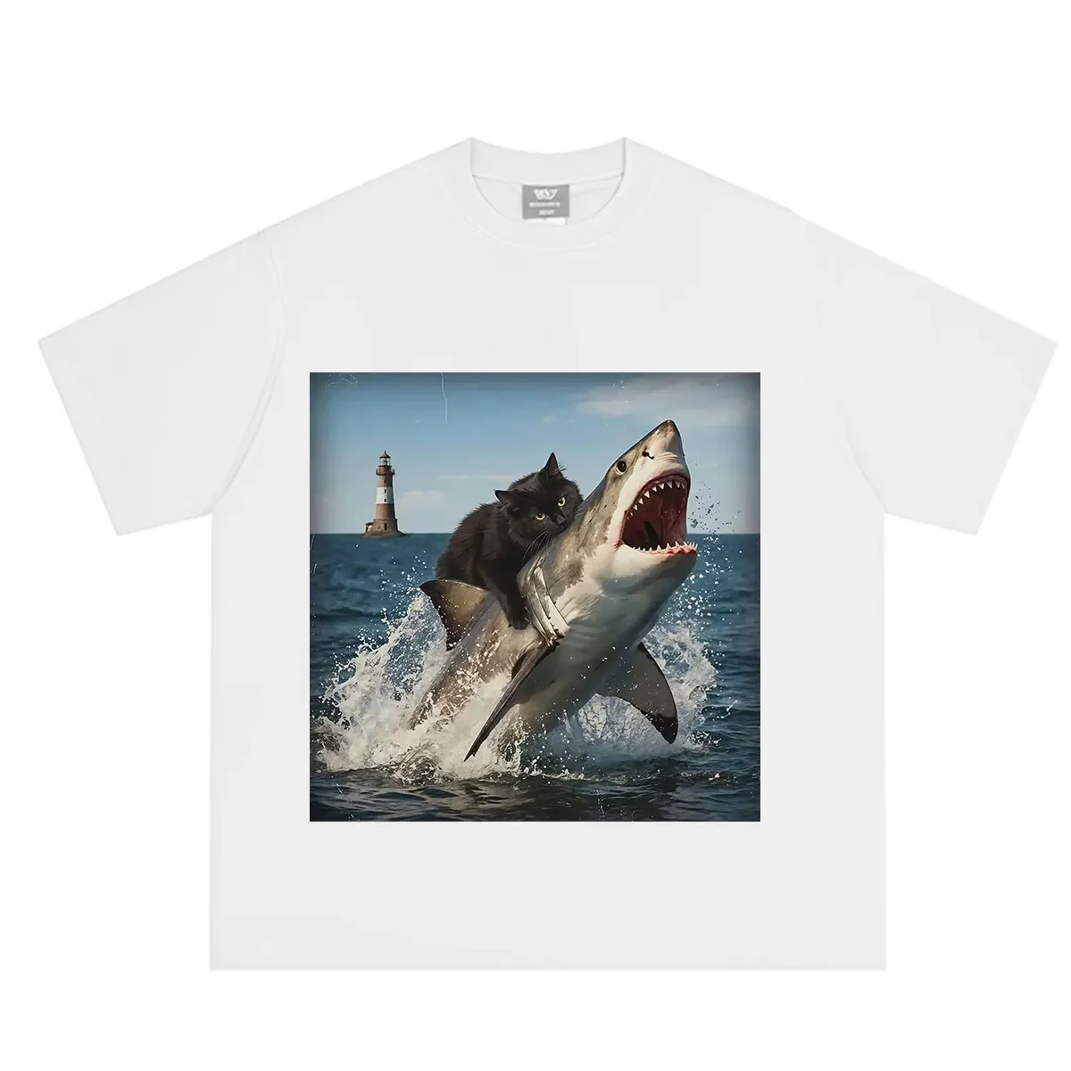 Funny Cat Bites Shark Meme T Shirtomen Hip-hop T-shirts Short-sleeved Loose Casual Vintage-shirts Streetwear Tops