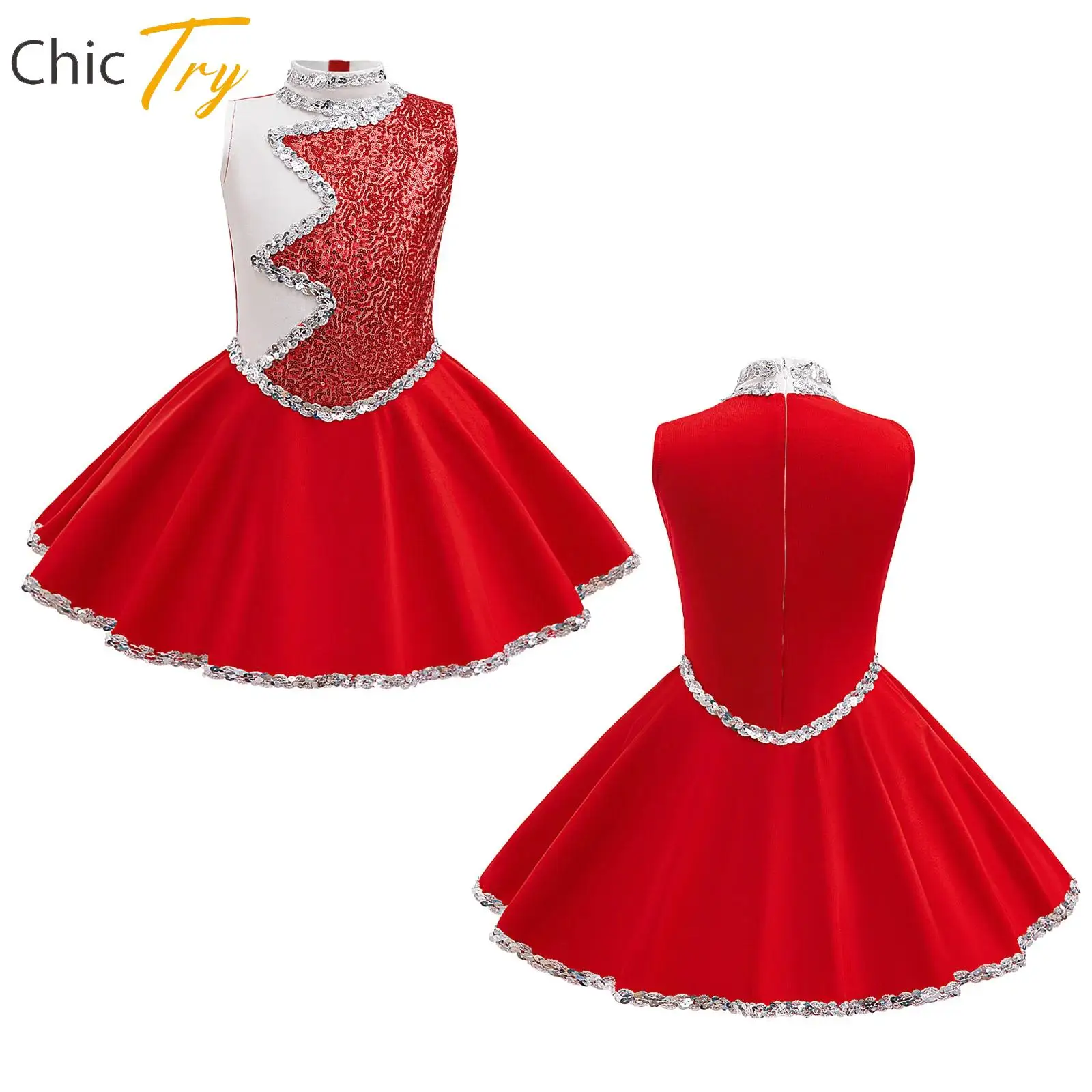 

Блестящее платье для чирлидинга с пайетками для девочек, без рукавов, с цветовыми блоками, для тематических вечеринок, школьных представлений, костюм для танцев