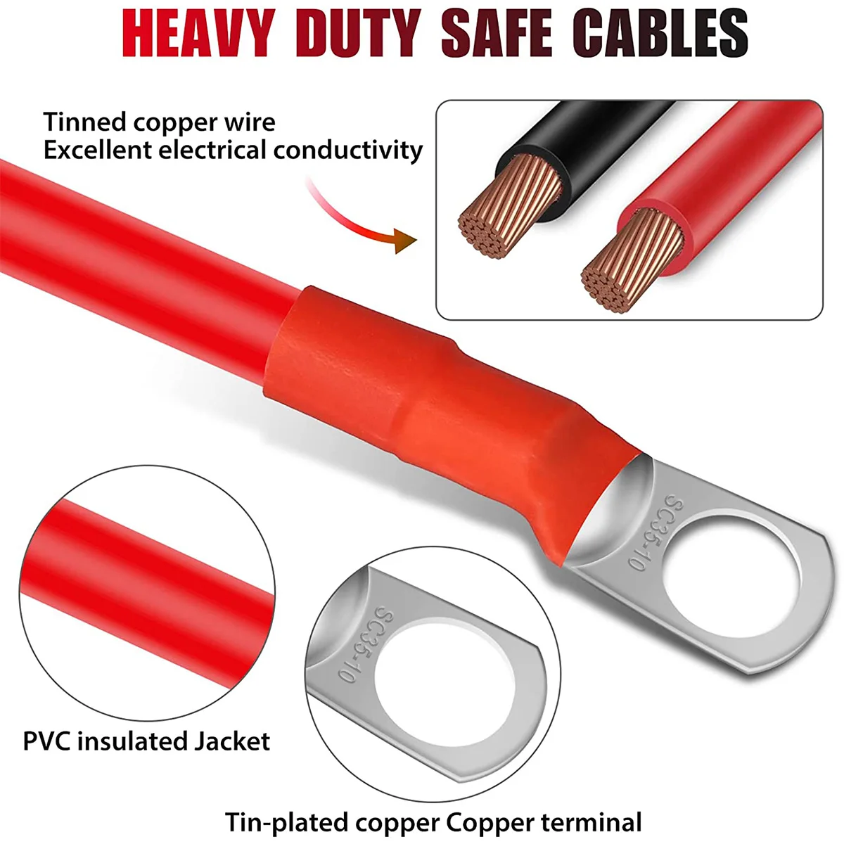 2Pcs Battery Inverter Cable 30cm 12V Copper Auto Battery Cable Waterproof Car Battery Leads for Truck Motorcycle Solar RV Marin