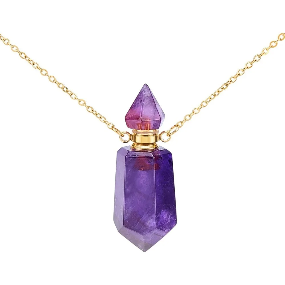 

19.29 Inch Amethyst Stone Essential Oil Diffuser Perfume Bottle Pendant Necklace Jewelry with en Chain for Womens