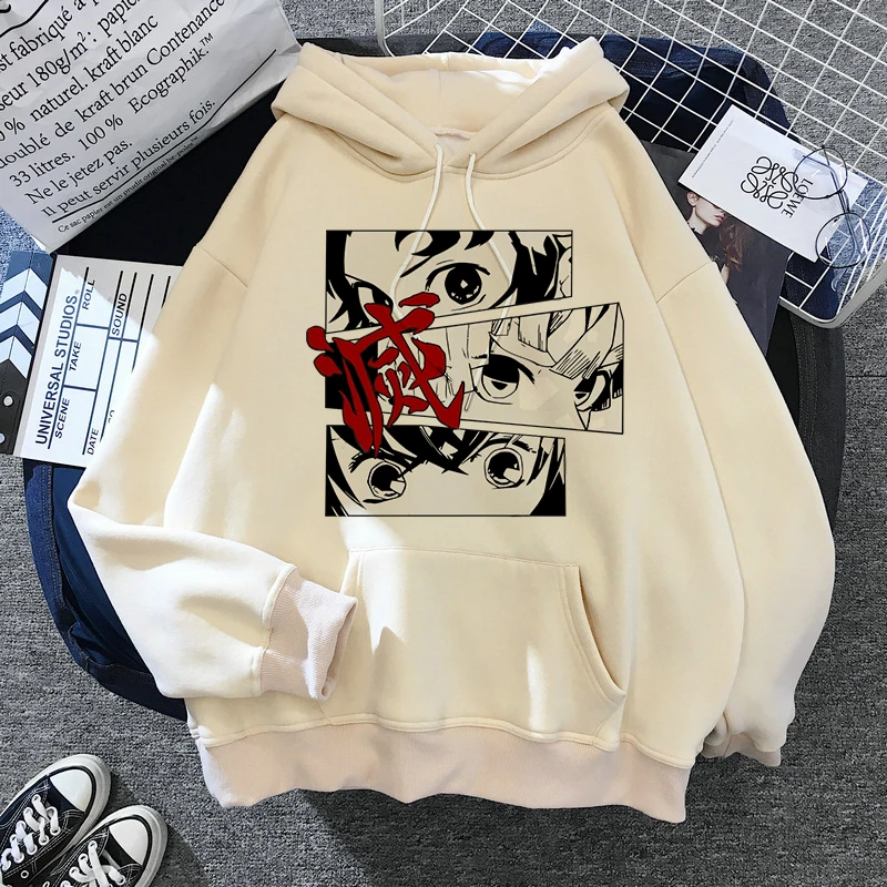 Japan Anime Demon Slayer Hoodies Unisex Japanese 2000s Style Y2k Casual Hooded Sweatshirt Harajuku Cartoon Manga Khaki Pullovers