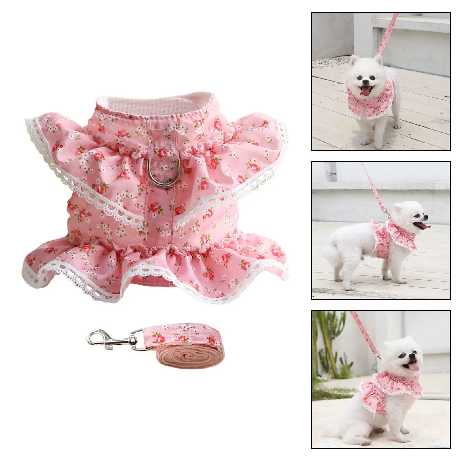 Floral Dog Harness Dress with Leash Pet Cat Harness for Kittens Girl Dogs