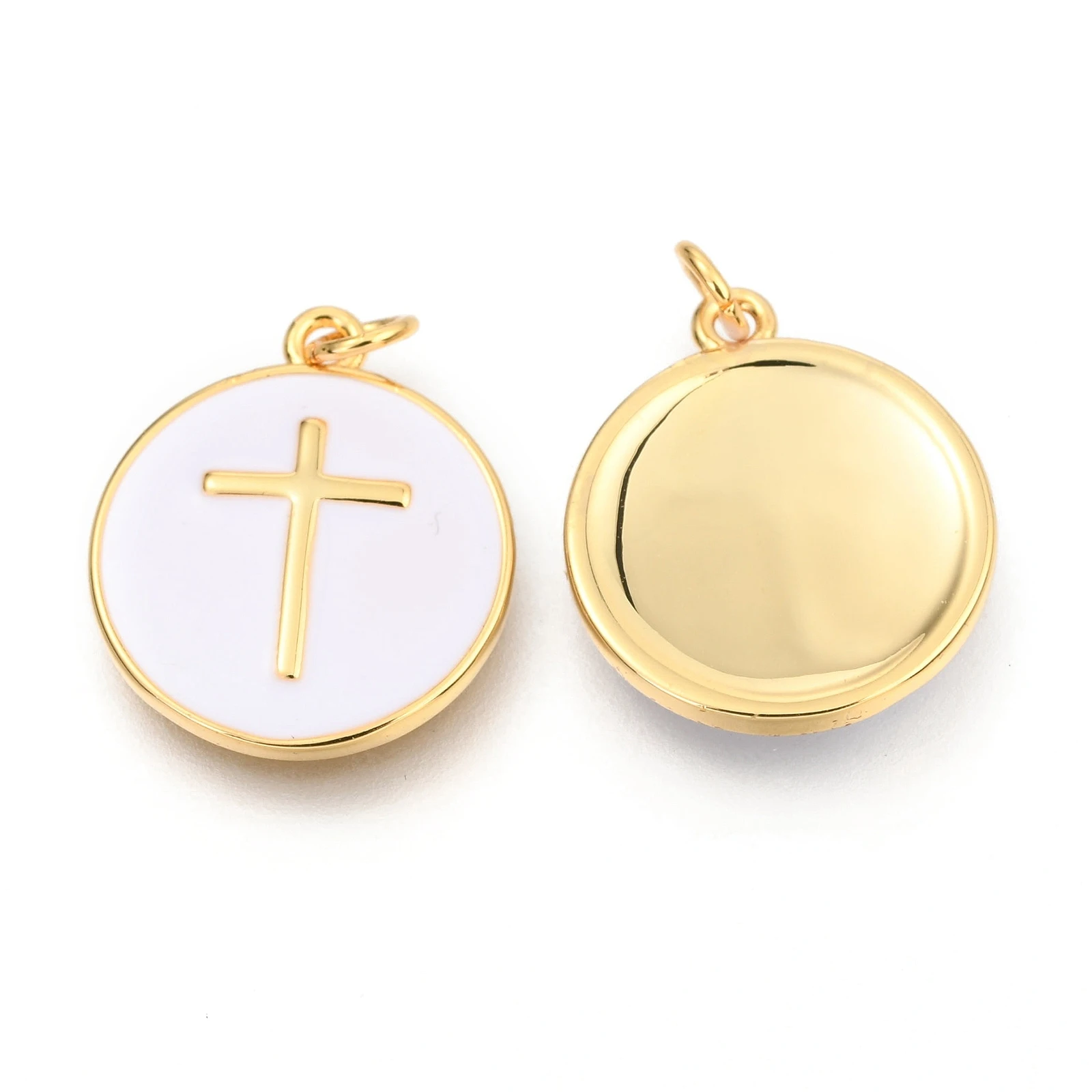 5PCS Brass Enamel Pendants Gold Plated with Jump Rings Flat Round with cross White for Making DIY Jewelry Necklace Earring Charm