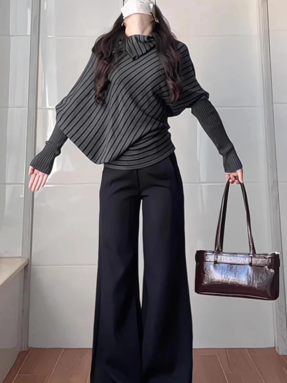 

Корейский вязаный свитер с глубокими глазами, женский осенний полосатый воротник, летучая мышь, све, свободный утягивающий длинный топ све