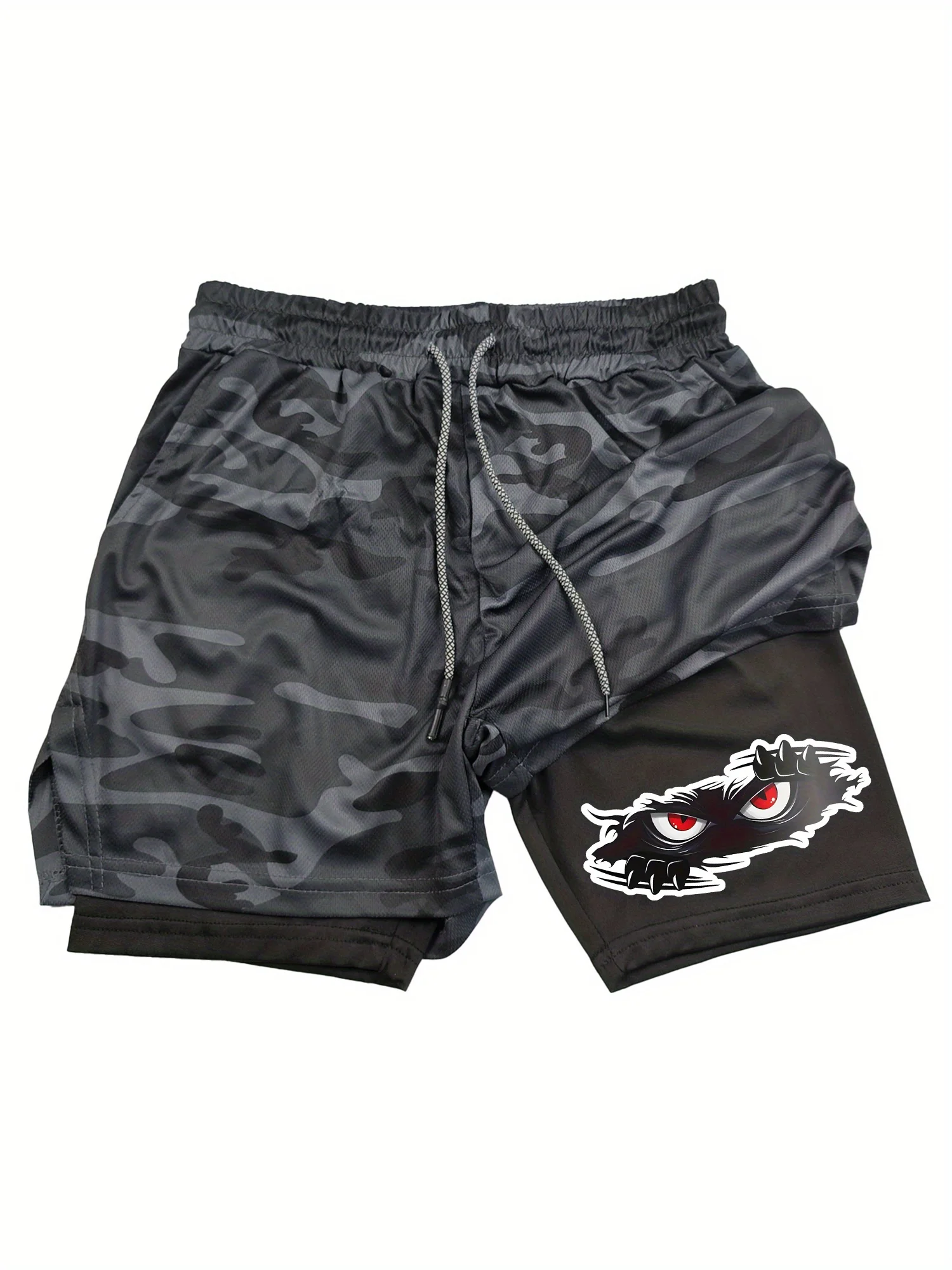 

Men'S 2-in-1 Dual-Layer Sports Shorts with Unique Graphic Print - Ideal for Running Fitness Mesh Fabric Elastic Waistband