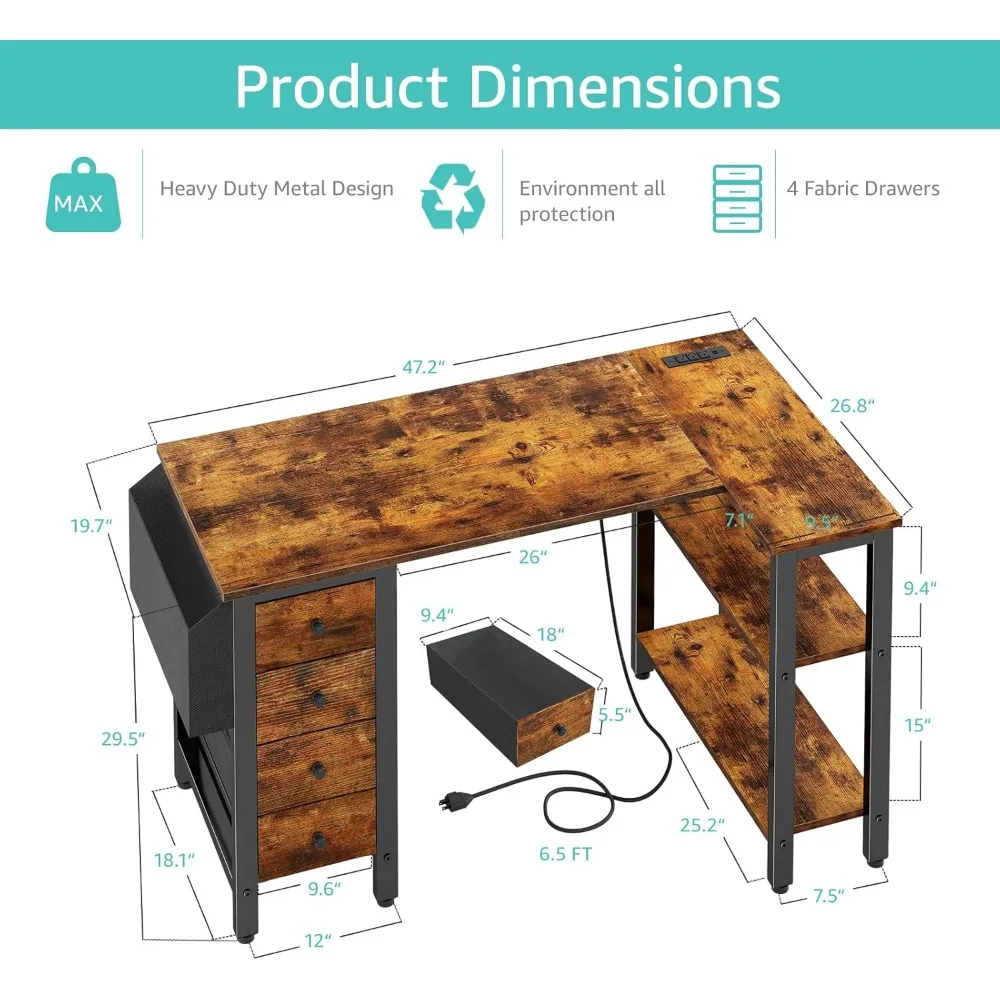 L Shaped Desk com gavetas e prateleiras de armazenamento, 47 "Canto Mesa do computador com Power Outlet para Home Office e Quarto