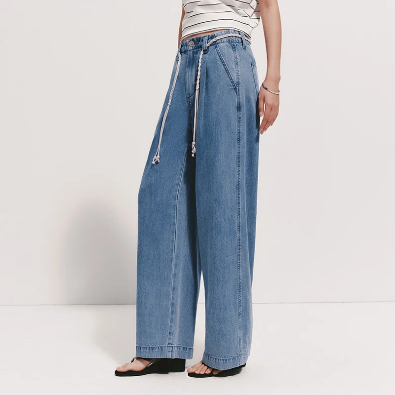 Women's Wide-Leg Denim Jeans with Belt - Loose Fit
