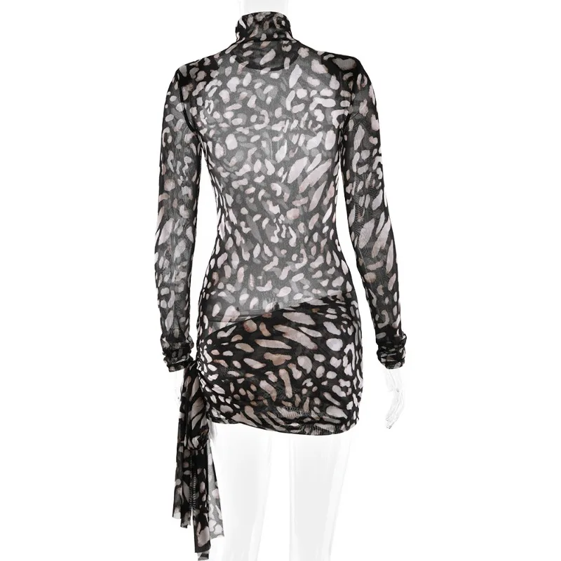 Leopardenmuster, durchsichtig, Netzstoff, Schnürband, figurbetontes Minikleid für Damen, 2025, Herbst, Rollkragen, lange Ärmel, schlanke Nachtclubwear