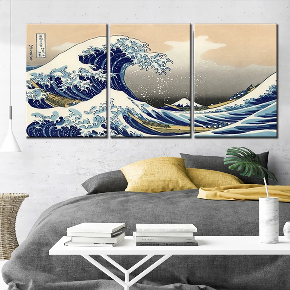 3Pcs Diy Diamond Painting Katsushika Hokusai Great Wave Off Kanagawa Widoki góry Fuji Naklejka ścienna Obraz Tryptyk Dekoracja