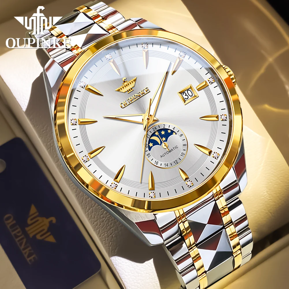 

OUPINKE мужские часы 3292, роскошные модные оригинальные автоматические механические часы из вольфрамовой стали для мужчин, фаза Луны, светящаяся дата