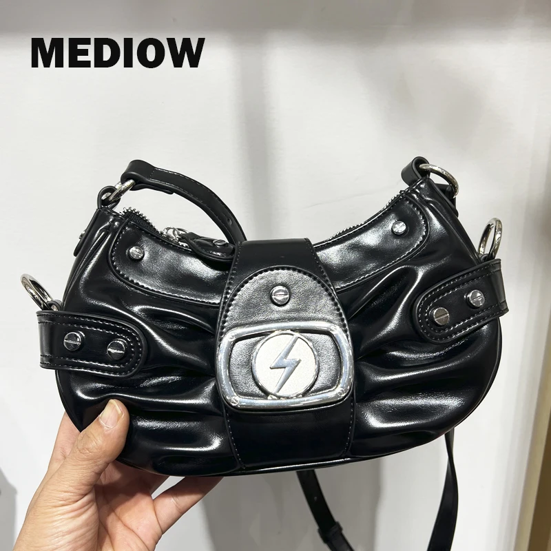 MEDIOW Luxury Designer handbags For Women Small Bags And Purse 2023 New In PU Wax Skin Sheet Metal Decoration Rivet Shoulder Bag