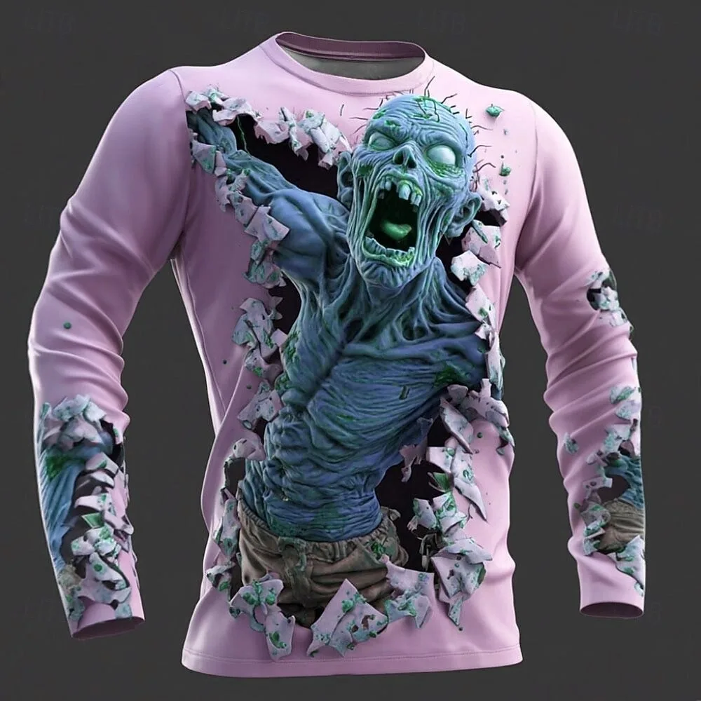 Halloween Zombies 3D printed men's long sleeved T-shirt round neck shirt exaggerated designer horror party casual men's clothing