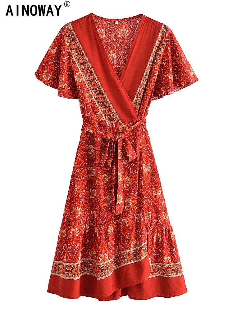 Vintage Chic Women Red Floral Print Bohemian Sexy Wrap Mini Dresses Lady Short Sleeve Rayon Beach Summer Boho Dress Vestidos