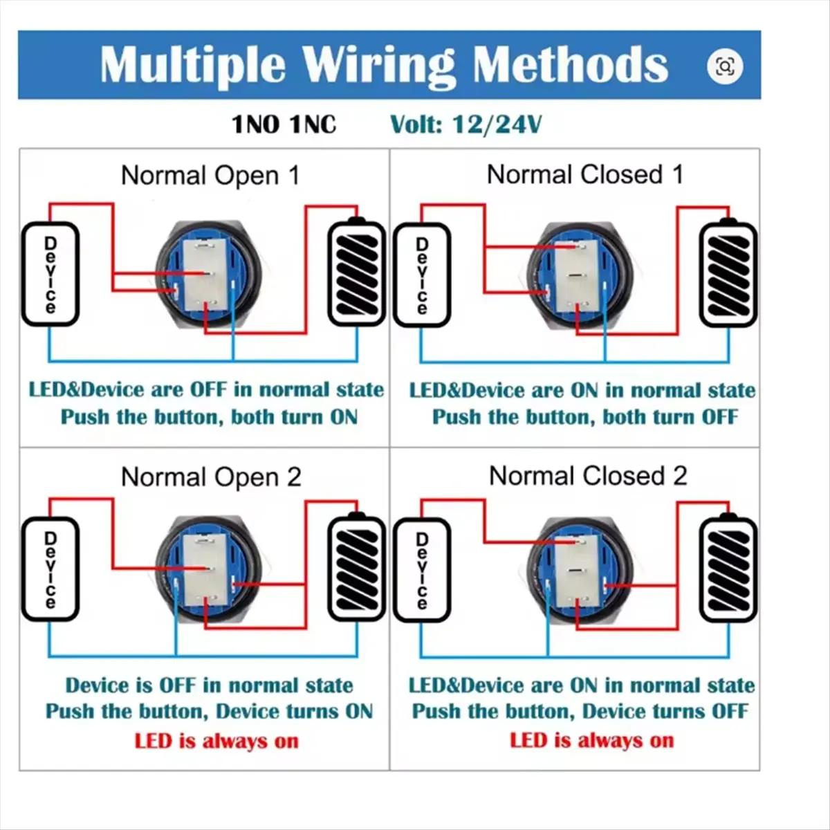 5pcs 16mm Metal Latching Push Button Switch Waterproof Anti- Silver Shell 12V-24V 1NO 1NC for 5/8In Mounting Hole