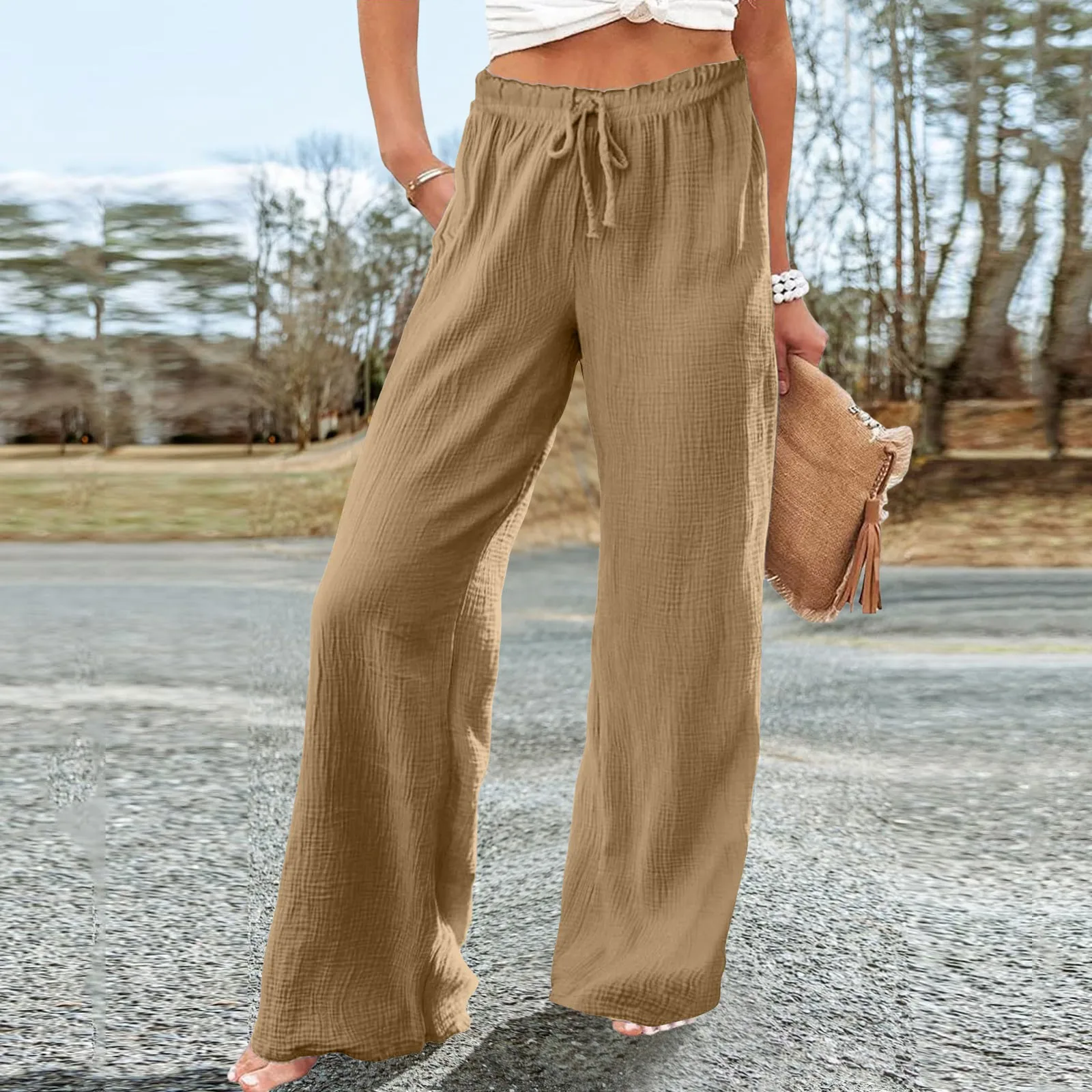 

Women Summer Fashion Casual Wide Leg Pants High Waist Stretchy Loose Long Pants Drawstring Versatile Commuting Trousers