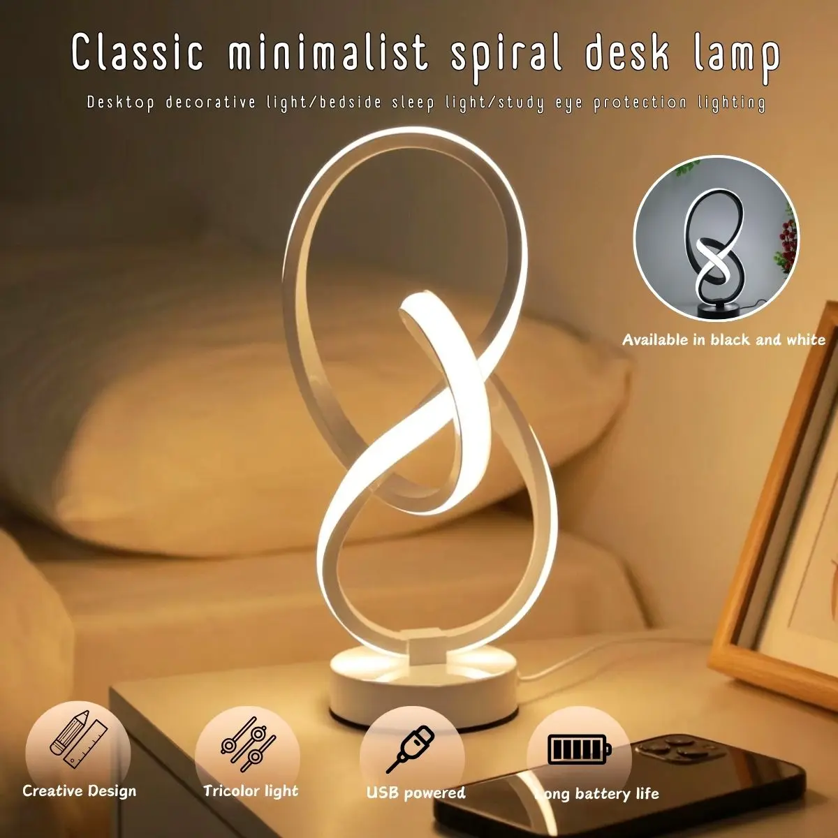 1 lámpara de escritorio LED moderna, ajustable en 3 colores, fuente de alimentación USB, adecuada para dormitorios, oficinas y salas de estudio.