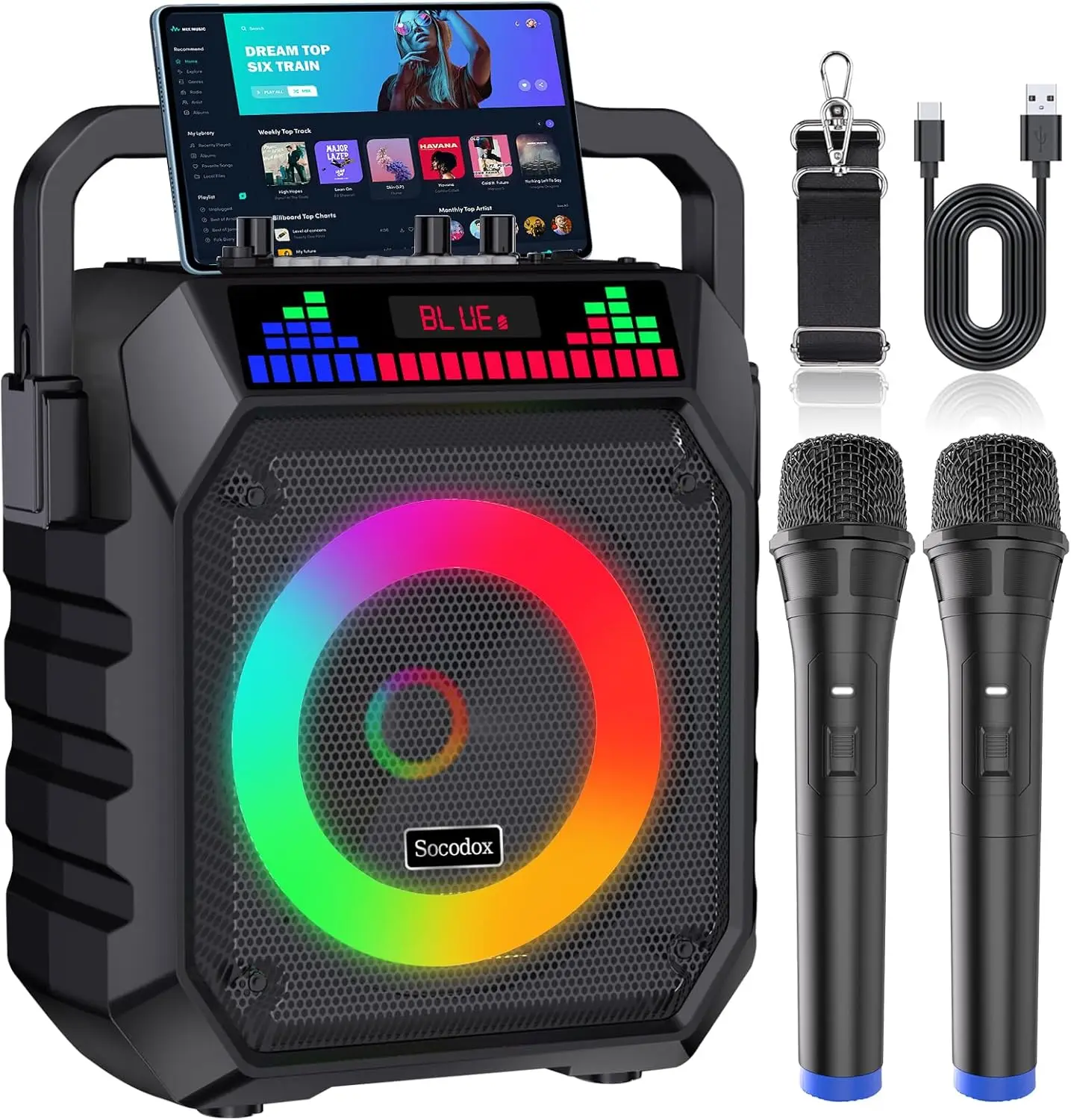 

Портативная караоке-система с беспроводными микрофонами и RGB-подсветкой, Bluetooth-колонка для семейных вечеринок и отдыха на природе