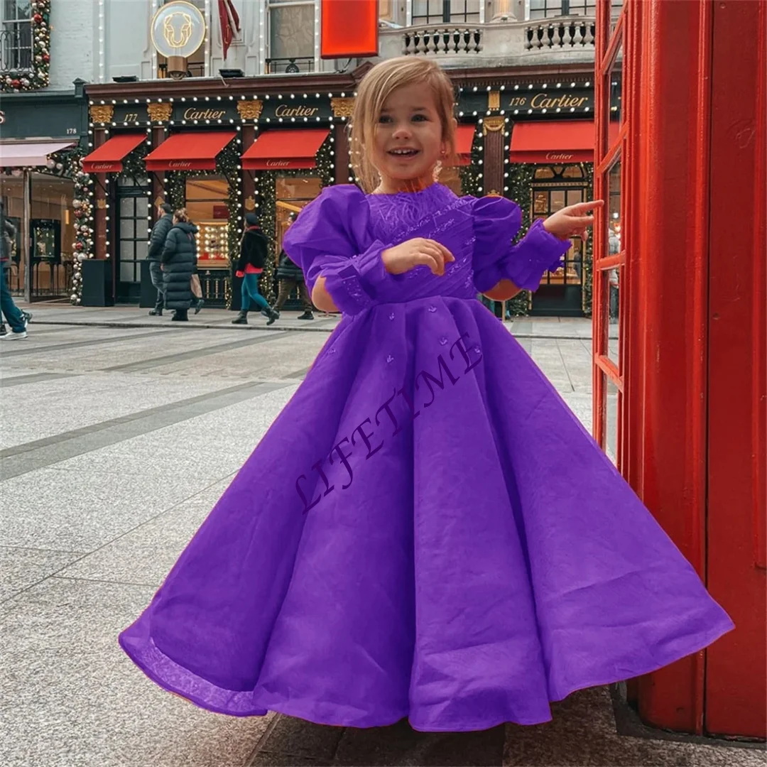 カスタマイズされた素敵な光沢のあるスパンコールフラワーガールドレス結婚式用ハイネック長袖パフフリル膝丈ドレス女の子誕生日
