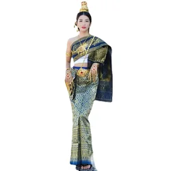 Thailand Vintage Traditional Clothing Women's Suit Tube Tops Long Skirt Shawl Stage Performance Ethnic Style Thai Dai Dress