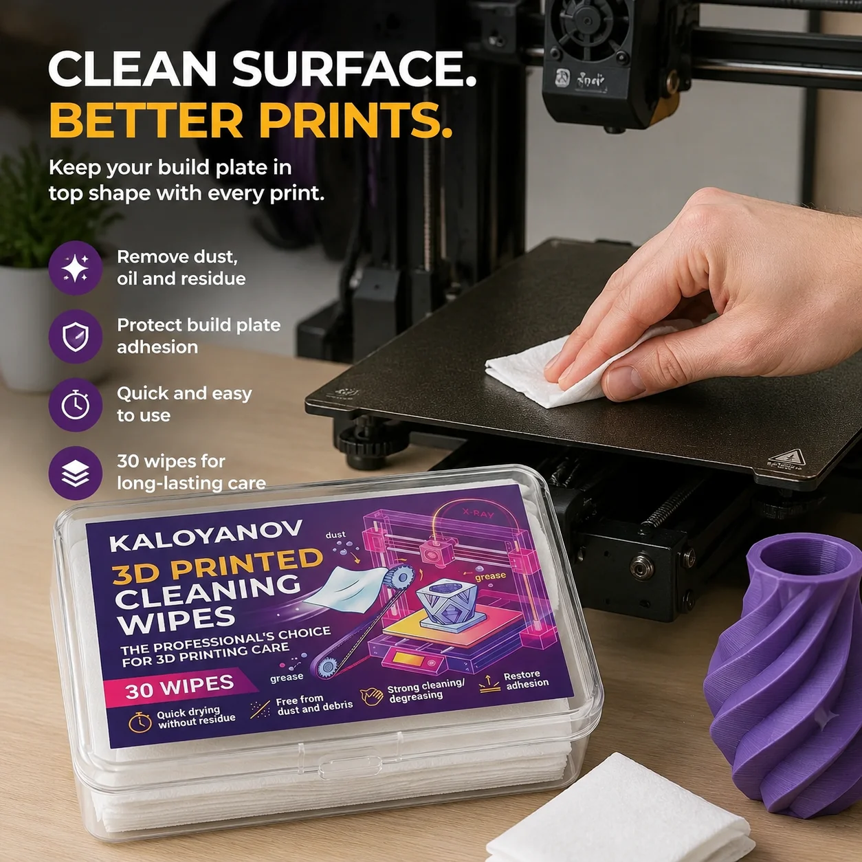 

30Pcs Lint‑Free 3D Printing Bed Wipes, Degreaser for PEI Glass Spring Steel Plate, Restore Adhesion for Build Plate Maintenance
