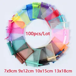 100Pcs/lot 7x9 9x12 10x15 13x18CM Organza Bags Jewelry Bag Wedding Party Decoration Drawable Bags Gift Pouches Jewelry Packaging