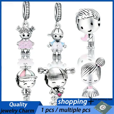 Europeans 925 Sterling Silver Cute Boy & Girl Charms Beads Fit Original Bracelets Necklaces DIY Jewelry Making For Kids Gifts