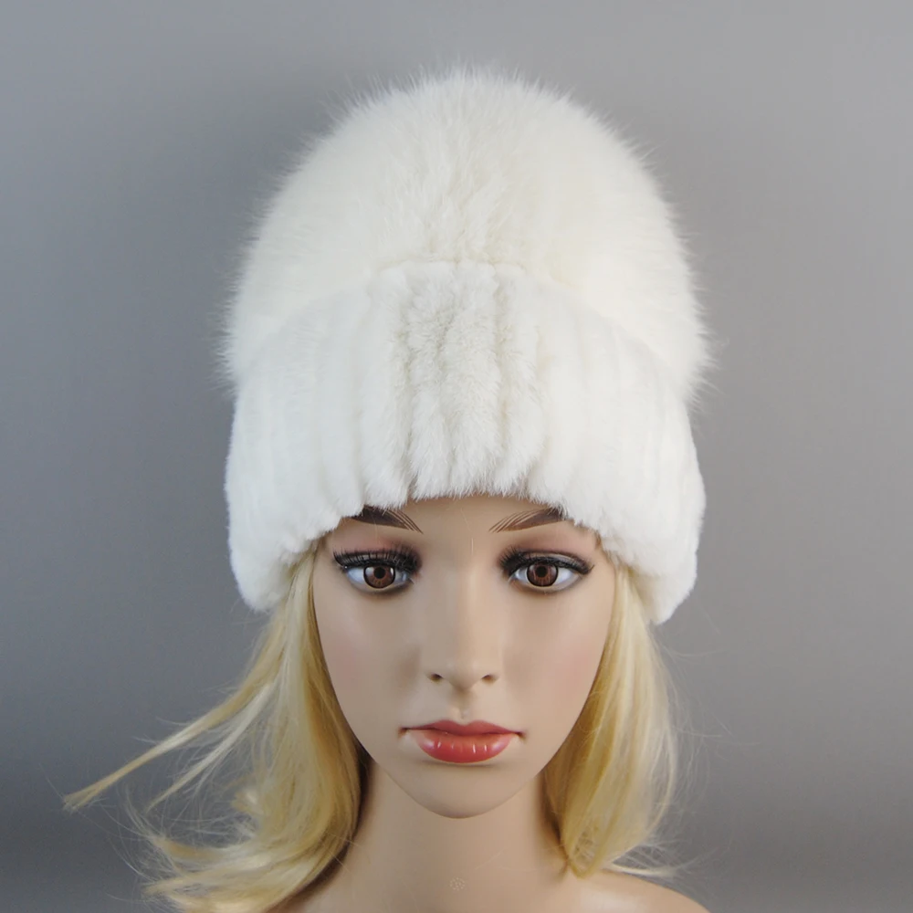 Russia New Style Women Real Genuine Fox Fur Beanies Hat Girls Natural Real Rex Rabbit Fur Skullies Cap Knit Winter Real Fur Hats