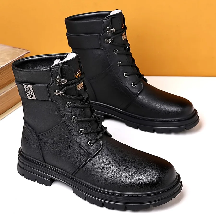 Herren-Winterstiefeletten, Schnürstiefel mit hohem Schaft und verstellbarer Schnalle, strapazierfähige Sohle für Wanderungen und Freizeitkleidung. – Detail 5