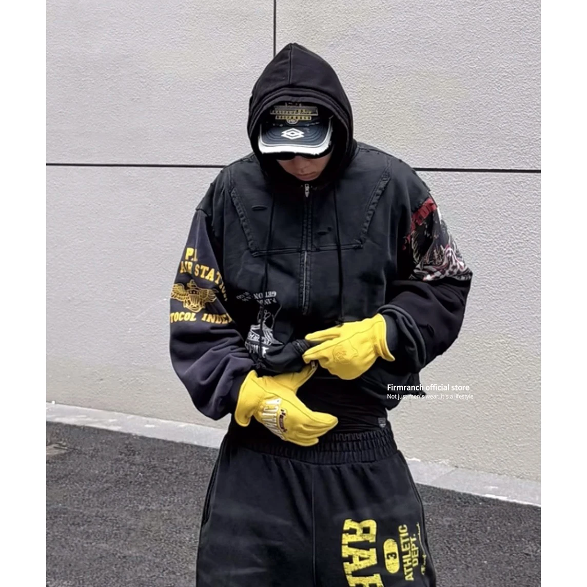 Firmranch 25ss Korean Fashion High Street Slogan Print Hoodies Jackets For Men Women Distressed Oversized Hooded Sweatshirt