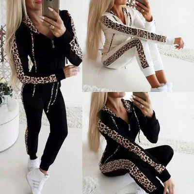 Autumn New Sport Wear Fashion Leopard Print Suit Women Casual Zipper Hooded Top Elastic Waist Small Leg Pants Two Piece Set