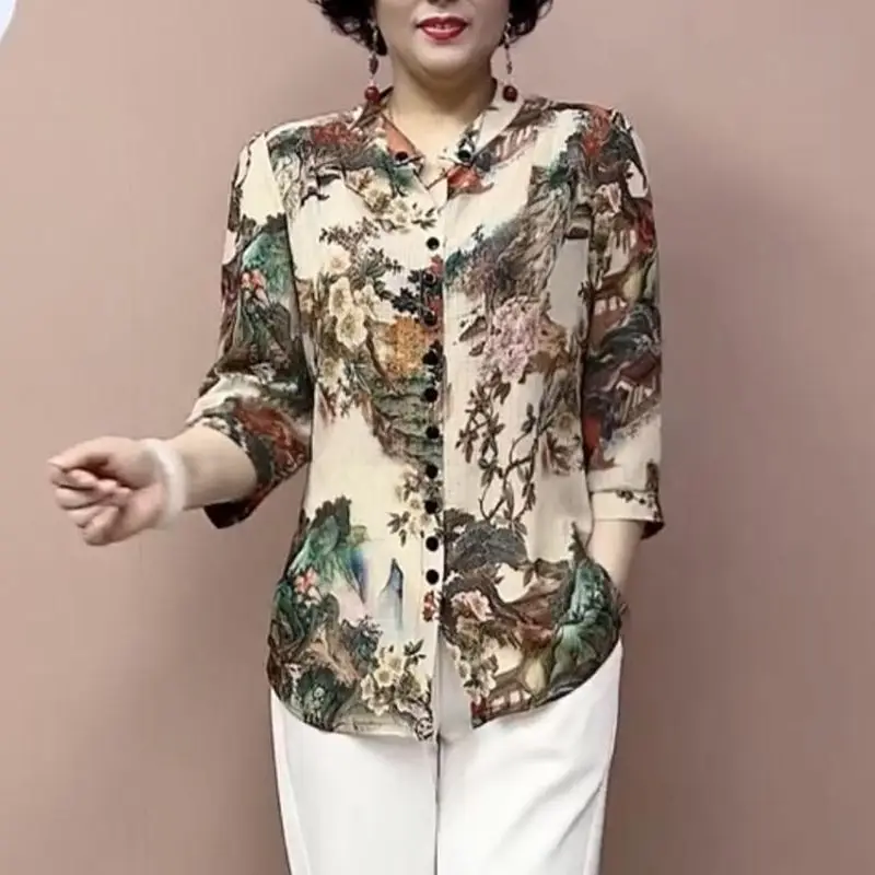 Fashion Commute Summer Blouses Natural Scenery Printed Geometric Button V-neck Half Sleeve Elegant Loose Middle Aged Women Shirt