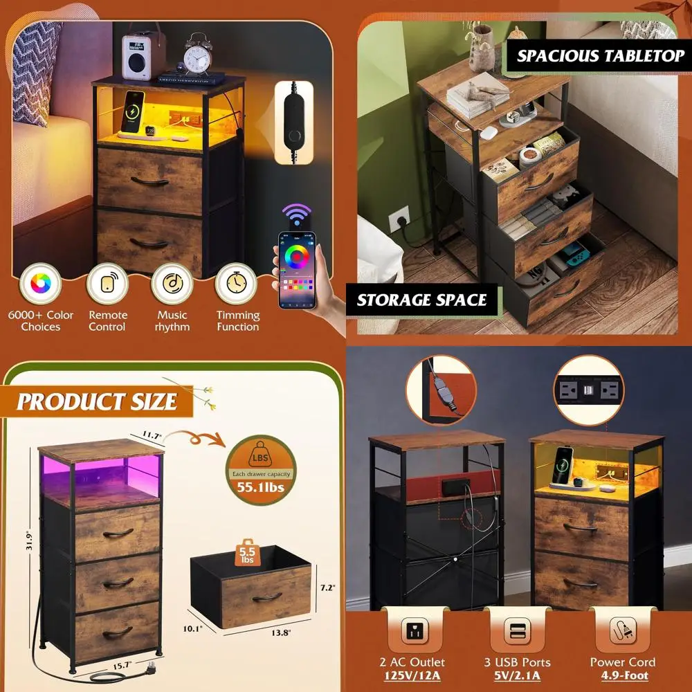 

Прикроватная тумбочка в деревенском стиле, коричневая, со светодиодной подсветкой, 3 ящиками, USB-портами и розетками для зарядки