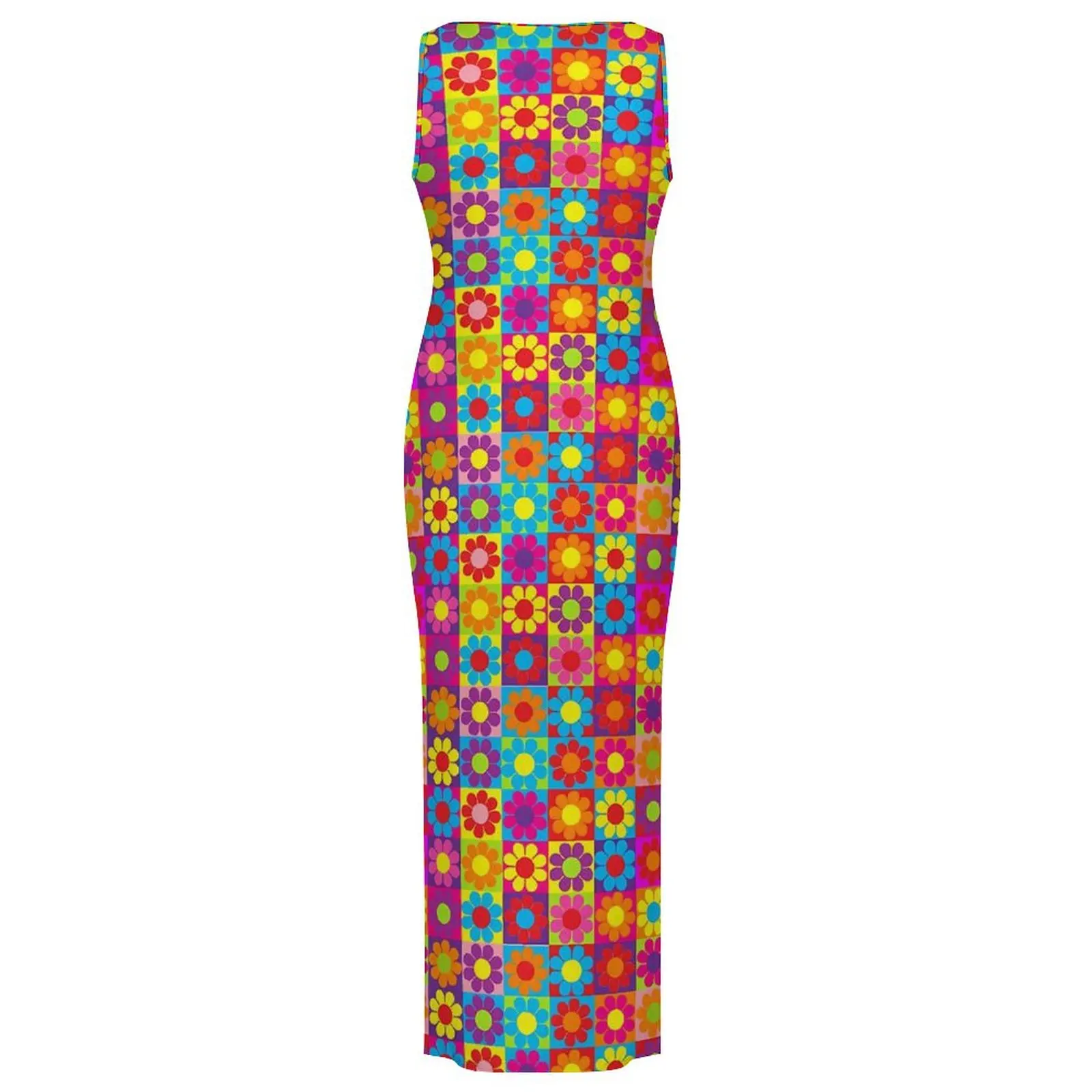 Damska Sukienka Retro Kwadratowy Nadruk Kwiatowy Power Streetwear Bodycon Letnia Bez Rękawów Klubowa Imprezowa Maxi Sukienki Duże Rozmiary Vestidos
