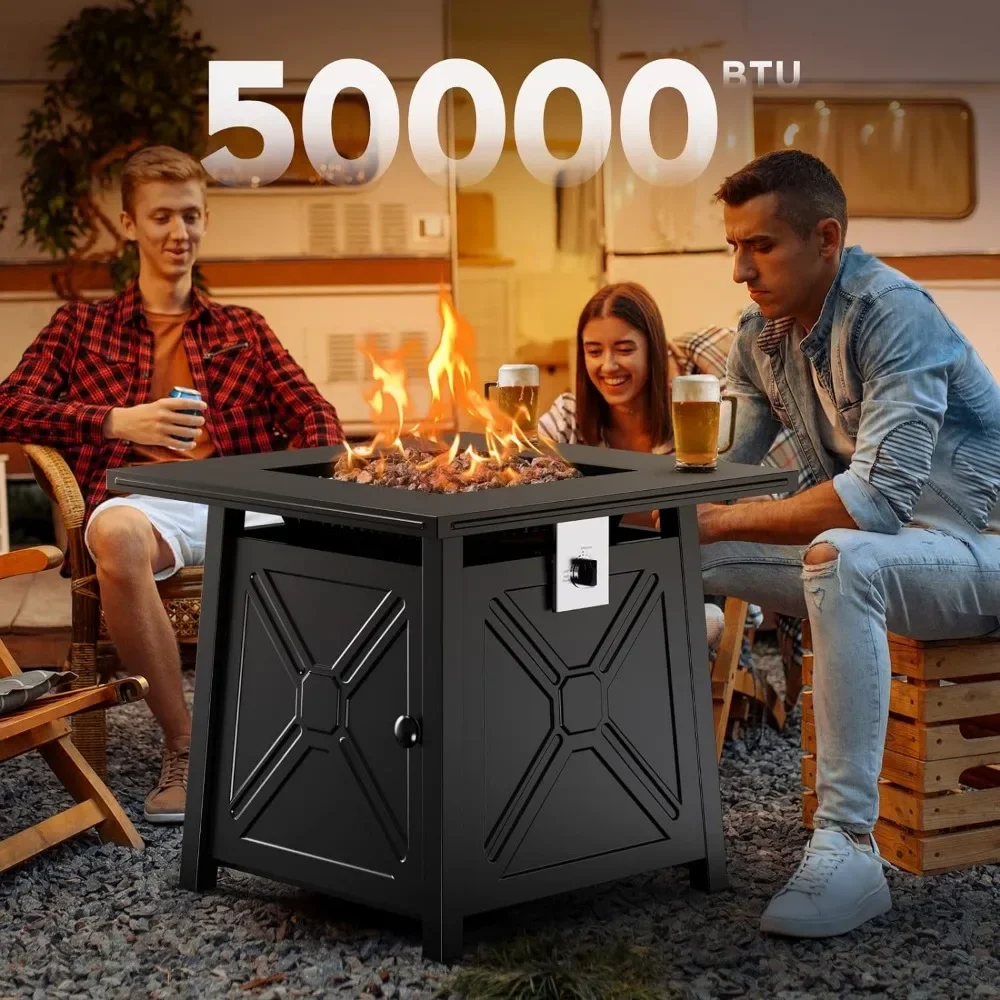 28 Inch Gas Fire Pit Table, 50,000 BTU Propane Fire Pits with Steel Lid and Lava Rock, 2 in 1 Square Fire Pit Table